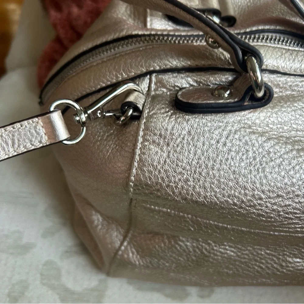B.Makowsky Champagne Metallic Satchel Leather Crossbody Bag